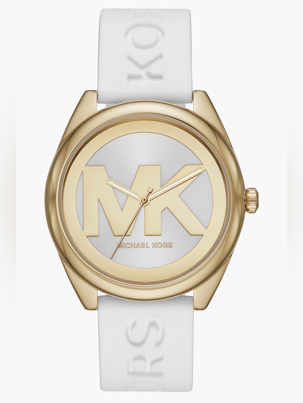 Michael Kors Gold and White MK Logo Silicone Strap Watch